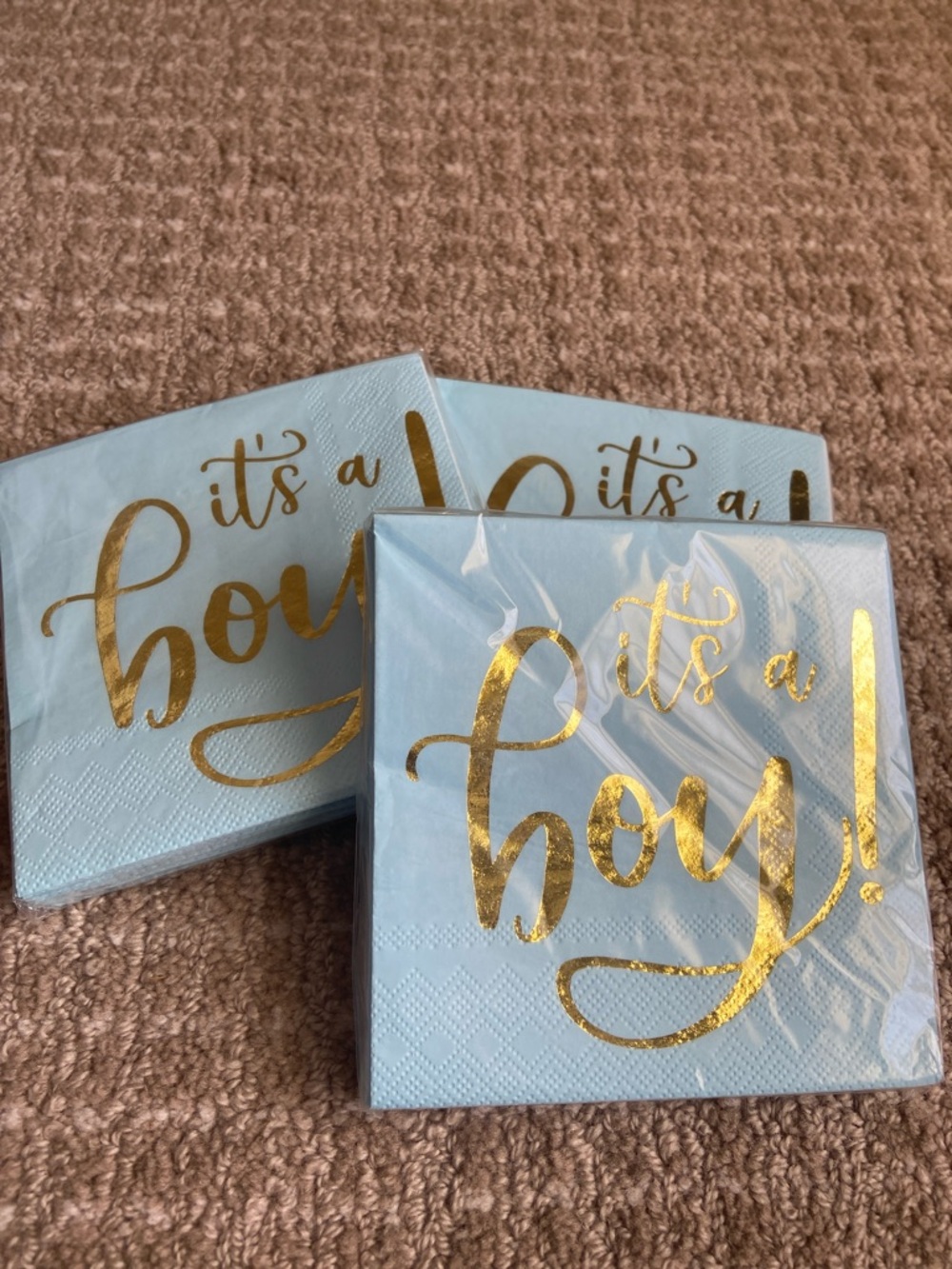 Bundle of 3 Light Blue "It's a Boy!" Gold Foil Napkins - Baby Shower Tableware